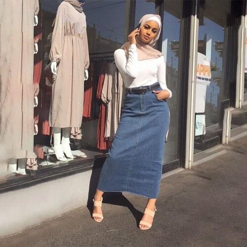 Autumn Muslim Teen Girls Cotton Highwaist Stretchy Tight Jean Bodycon Pencil Long Skirts For Ladies Denim Womens Clothes 2020