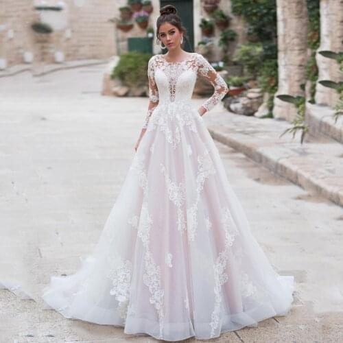 Boho A-Line Long Sleeve Court Train Wedding Dresses Sheer O Neck Custom Made Bridal Gowns Button Back 2020