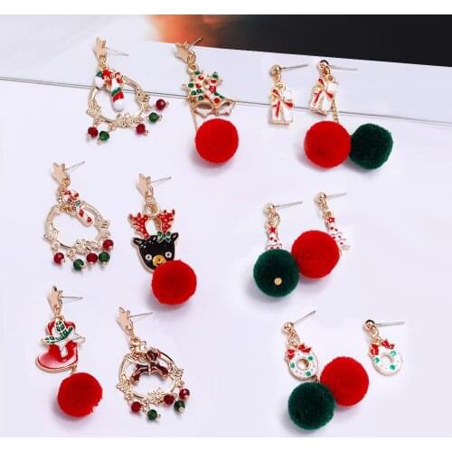 Christmas Earrings Series Elk Xmas Tree Shoes Santa Claus Lollipop Bells Red green ball tassel Drop Earring Navidad Party Gifts