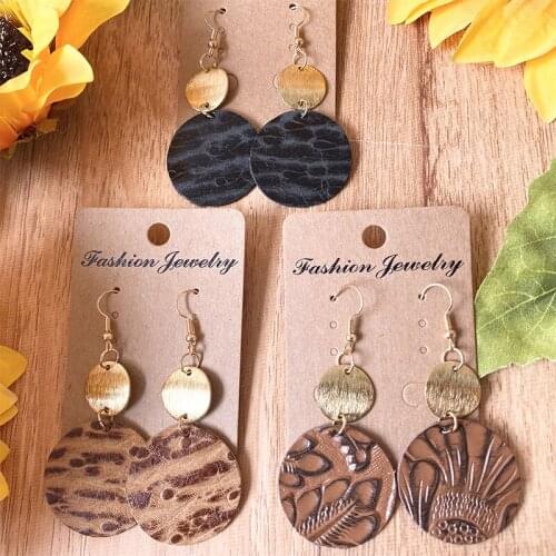 Embossed Genuine Leather Disc Round Dangle Drop Earrings for Women Minimalism Geometric Outdoor Jewelry