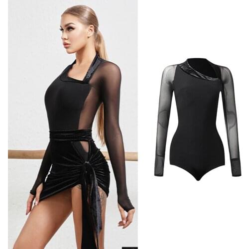 Latin Dance Top Women Sexy V-Neck Lace Long Sleeve Bodysuit Tango Salsa Cha Cha Rumba Samba Ladies Performance Wear DNV13797
