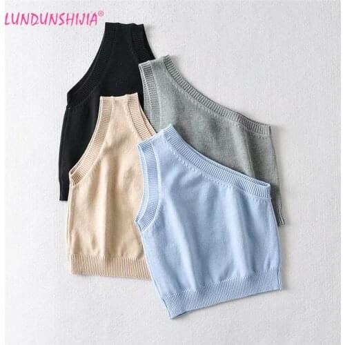 LUNDUNSHIJIA Women Oblique One Shoulder Crop Tops Sleeveless Tank Tops 2021 Spring Summer Fashion Knitting Vests Clothes
