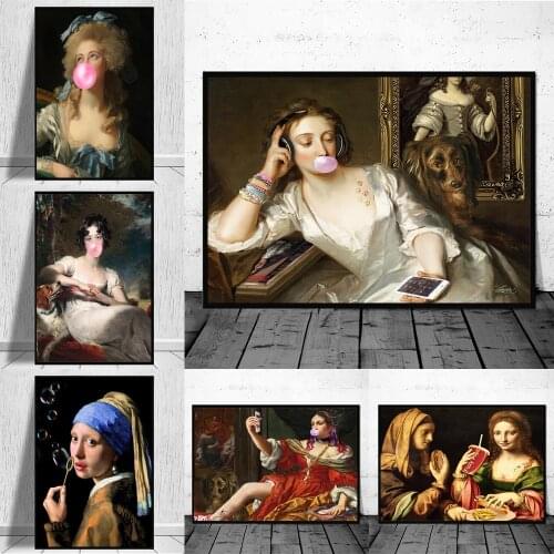 Vintage Beauty Listen Music With Headphone Funny Poster Noblewoman Blow Bubble Canvas Wall Art Prints Painting For Room Decor