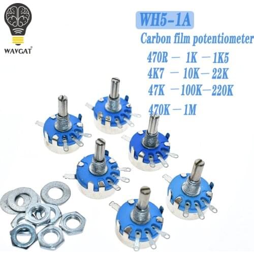 WH5-1A Carbon Potentiometer 1K 2K 10K 47K 4K7 470R 100K 470K 220K 1K5 22K 1M ohm 3-Terminals Round Shaft Rotary Taper WH5