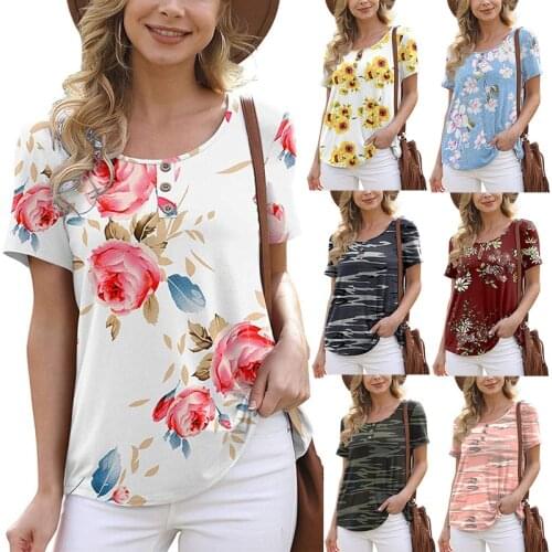 New Womens Casual Loose Short Sleeve Round Neck Buttons Printed Womens T-Shirt 2021 Summer New Products Cool Short Sleeves Tee