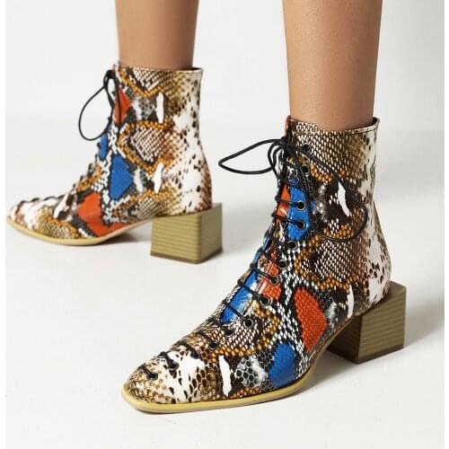 Snakeskin Pattern Oversized Lace-Up Female Ankle Boots Square Toe Thick Bottom Sexy Cross Lace Short Plush Short Boots