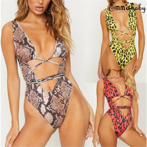 Women One Piece Bathing Suit Monokini Push Up Padded Bikini Leopard Print Swimsuit Bandage Belt Swimwear Biquini
