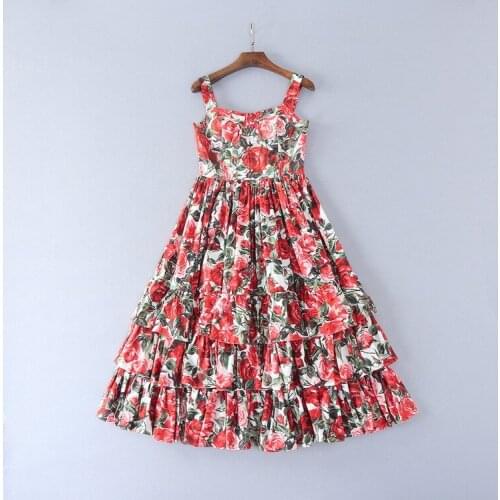 European and American womens wear The new summer falbala Rose printed Condole belt dress