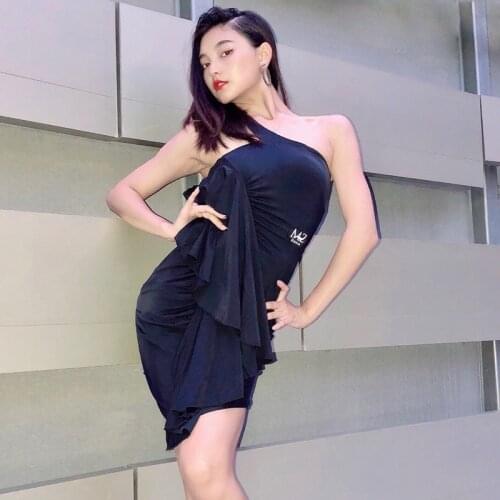 Falbala Cha Cha Dress Women Tango Dancing Outfit Stage Costume Black Latin Dress Designer Clothes Black Tap Dancewear JL3115