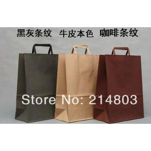 100pcs/lot) size W25xH33xD12cm classical stripe kraft paper bag for shopping