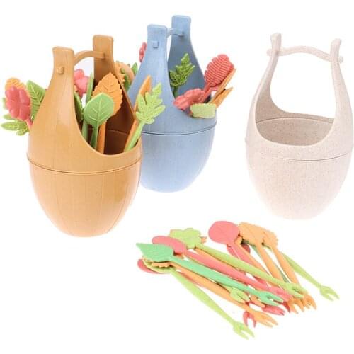 16Pcs/Set Nordic Style Wheat Straw Barrel Leaves Fruit Fork Lunch Cake Dessert Picks Skewers Sandwich Fork Wedding Party Decor