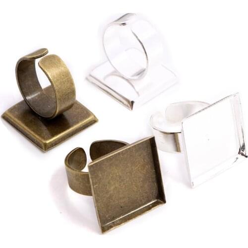 20mm 10pcs Silver Plated And Bronze Colors Plated Square Adjustable Ring Settings Blank/Base,Fit 20mm Glass Cabochons,Buttons