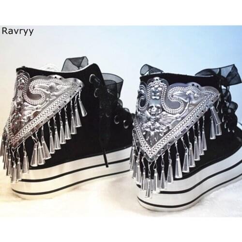 2018 Newest Arrival Woman canvas shoes Silver metal Tassel pendant decor lace Up flats comfortable female casual shoes