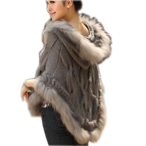 2019 thermal warm winter raccoon fur cape knitted real rabbit fur coat women female outwear