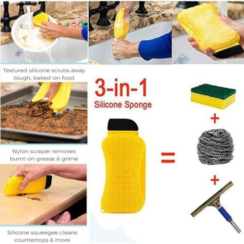 3 in 1 Multiuse Silicone Sponge Scraper Brush Kitchen Dishes Bath Wash Cleaner Cleaning Brushes