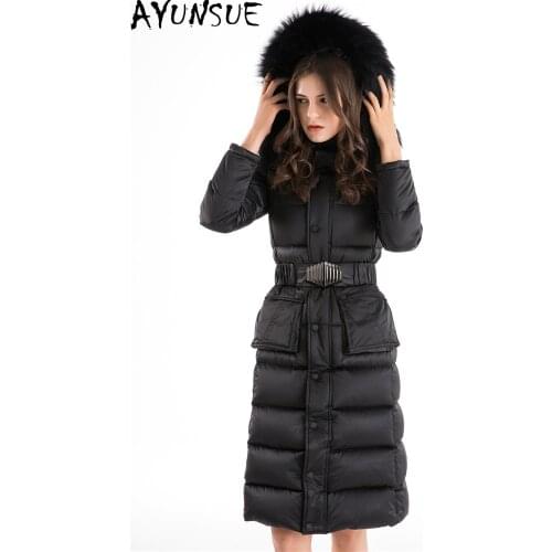AYUNSUE Natural Raccoon Fur Hooded Winter Duck Down Coat Female Long Thick Warm Korean White Duck Down Jacket Women Parkas 8037