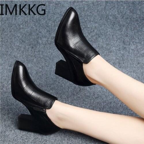Black Women Boots Comfy Square High Heel Ankle Boots Fashion Pointed Toe Zipper Boots Autumn Winter Ladies Shoes Y10241
