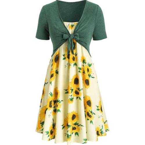 Summer Two Piece Outfits For Women Short Sleeve Bowknot Top Sunflower Print Mini Dress Suit Lady Dress Vetement Femme 2021 A40