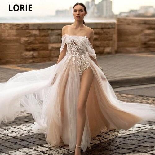 LORIE Beach Wedding Dresses Champagne 2021 Elegant Scoop Neck Off The Shoulder Sweep Train A-Line Boho Bridal Gowns With Split