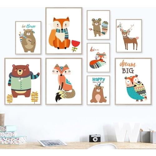 Kawaii Cute Bear Fox Deer Owl Baby Room Nursery Wall Art Canvas Painting Nordic Posters And Prints Wall Pictures Kids Room Decor