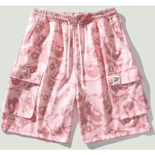 Hip Hop Cartoons Printed Mens Casual Shorts Streetwear Summer Harajuku Casual Loose Multi-pocket Drawstring Running Shorts Mens