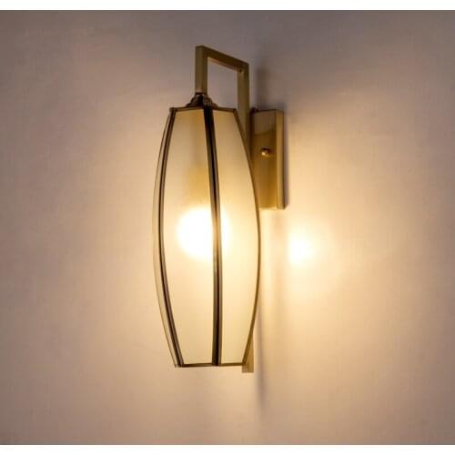 JMZM Chinese Style Copper Wall Lamp Frosted Glass Lampshade Living room Background Wall Warm Bedroom Bedside Aisle Corridor Lamp