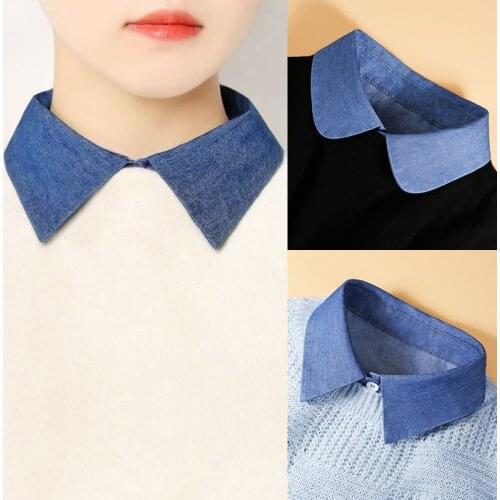 New Brand Solid Blue Shirt Fake Collar Ties Blouse Vintage Detachable Women Ladies Clothes Accessories