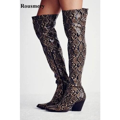 New Design Women Fashion Pointed Toe Snake Leather Over Knee Thick Heel Knight Boots Western Style Cow-boy Long Boots