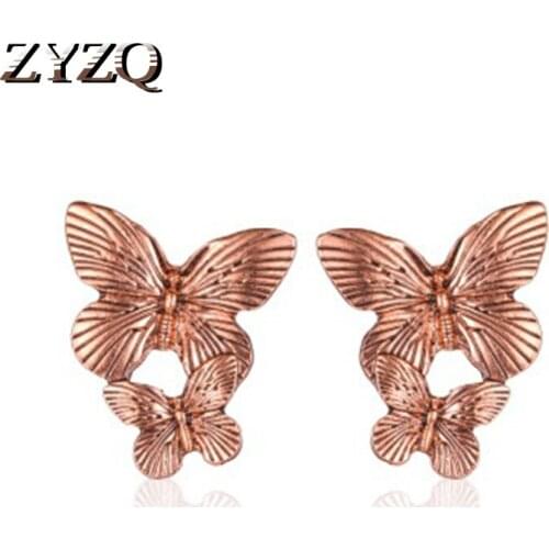 ZYZQ Animal Stud Earrings Romantic Korean Stylish Double Butterfly Shaped Earrings Two Color Available Wholesale Lots&Bulk