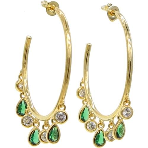 Luxury Gold color green cz 33mm Hoop Earrings for Women Big Statement Round Circle Earing C Shape Earings Fashion Jewelry 2019