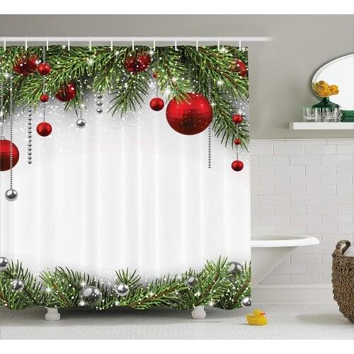 Merry Christmas Shower Curtain Bathroom Accessories Noel Backdrop Fir Leaves Decorative Bright Balls Classic Set