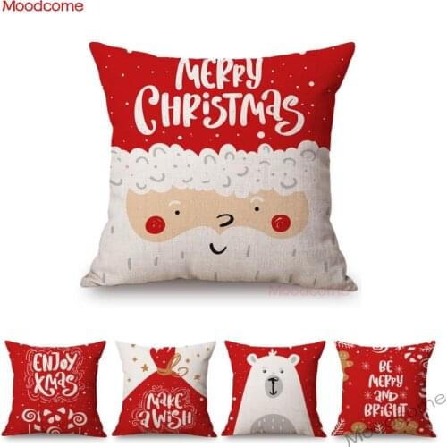 Christmas New Year Celebration Decoration Red Joyful Sofa Pillow Case Santa Claus Polar Bear Best Wishes Linen Car Cushion Cover