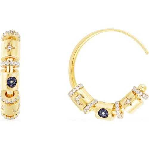 SOELLE New 925 Sterling Silver Jewelry Yellow Gold Color Sliding Multi Hoop Earrings with Mysterious Egyptian Patterns for Women
