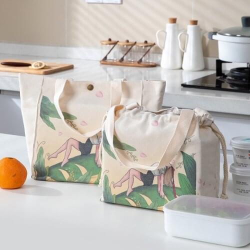 Harajuku Drawstring Snap Printed Lunch Bag Fabric Insulation Waterproof Portable Lunch Bag Travel Picnic Cooler Bag