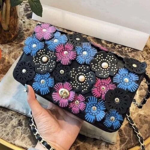 Ladies Colorful Vintage Elegant Flower Appliques Shoulder Bag Brand Designer Womens Flap Leather Handbag Chain Crossbody Bags