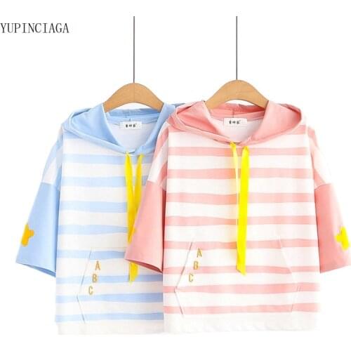 Women Striped Hooded Sweatshirts With Pocket 2021 Summer Patchwork Loose Short Sleeve Hoodie Harajuku Pullovers Tracksuit 15920