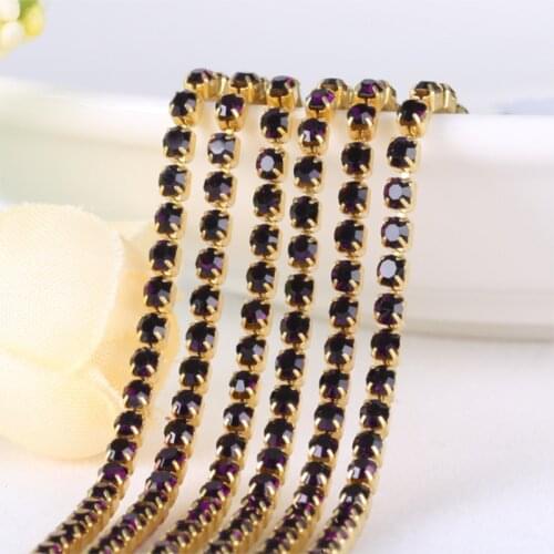 Deep purple 10Yards DIY Rhinestone Chain Dense Gold bottom sewing Rhinestones for clothing Art Decoration
