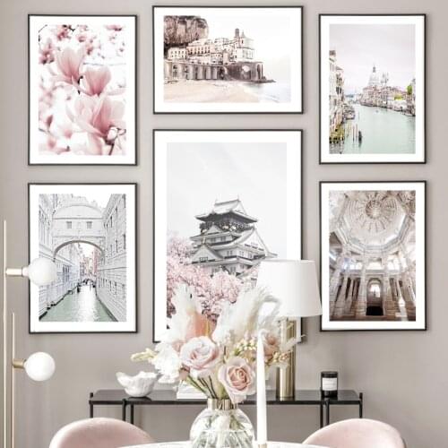 Venice Canal Pink Flower Amalfi Beach Hall Dome Wall Art Print Canvas Painting Nordic Poster Wall Pictures For Living Room Decor