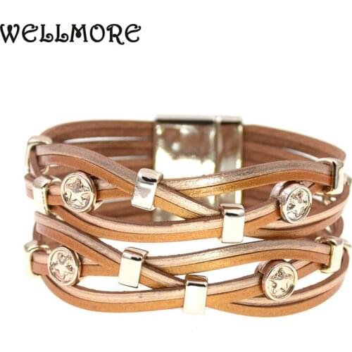 WELLMORE metal charm Leather Bracelets For Women & Men Multiple Layers wrap Bracelets Couple gifts fashion Jewelry wholesale