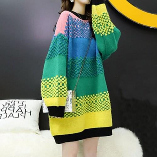 Rainbow Striped Oversized Knit Sweater Loose Long Sweater Pullover Mockneck Long Sleeve Autumn Winter Warm Tops