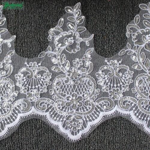 YACKALASI 5 Yards/Lot White Bridal Lace Fabric Wedding Lace Appliqued Sequined Flower Embroidered Lace Scalloped Mesh 25cm