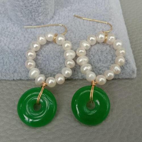YYGEM Handmade Natural Freshwater Cultured White Pearl Green Jade Circle dangle hook Earrings for women