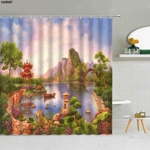 Mountain Lake Pavilion Garden Landscape Shower Curtain Tree Forest Waterfall Flowers Fabric Bathroom Supplies Hanging Curtains