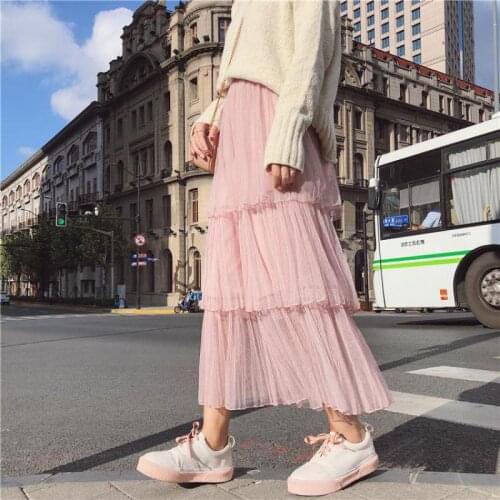 2021 Spring Autumn New Simple Pink Cake Skirt Elastic High Waist Slimming Casual All-match Women A-line Long Skirt Free Shipping