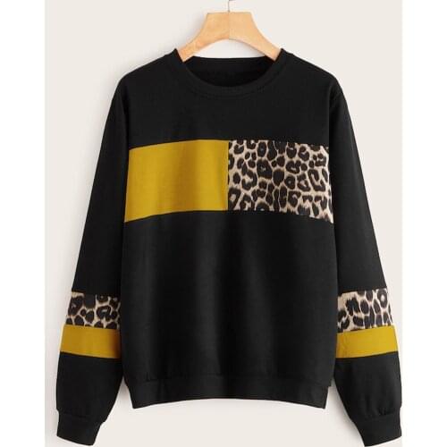 2020 New Fashion Women Patchwork Sweatshirt Leopard Print O-Neck Tops Cotton Long Sleeve Sweatshirt Pullover Streetwear Hoodies