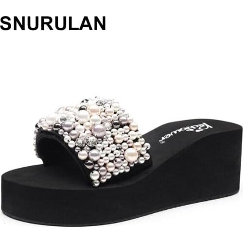 SNURULAN Women Sandals Shoes Summer Pearls Platform Sandals Ladies Casual Gladiator Sandals Plus Size Women Flip Flops Women
