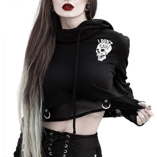 Women’s Drawstring Hoodies Skull Print Long Sleeve Fishnet Patchwork Loose Sweatshirts Hooded Crop Tops Autumn Women Clothing