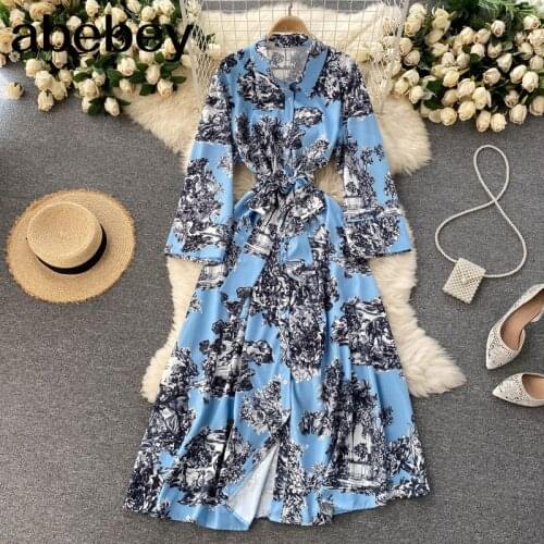Women Court Wind Print Maxi Dress Retro Turndown-Collar A-line Dresses Summer Bohemian Vacation Long Dress