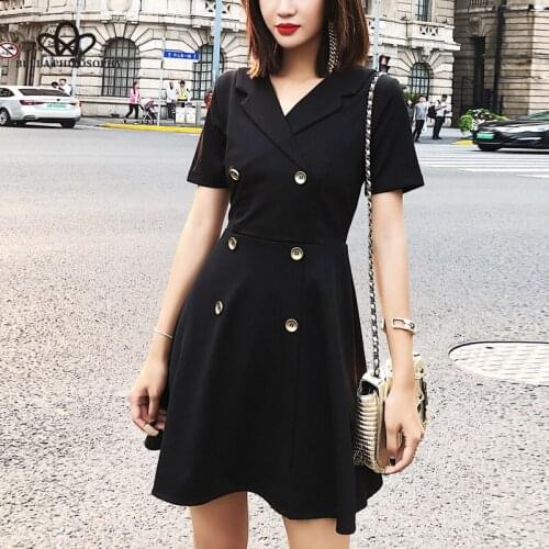 Bella phliosophy office lady Double Breasted A-line dress vintage women black blazer mini dress V-Neck female high waist dress