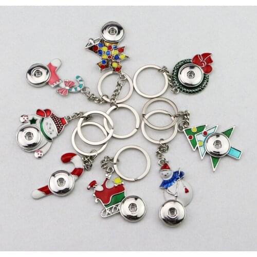 New 10styles to Choose! 18mm Ginger Metal Button Snap Charm Pendant KeyChains Christmas Style Key Chains KeyRing For Xmas Gift